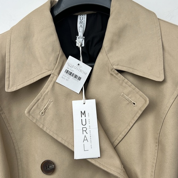 MURAL | NWT Nordstrom Double-Breasted Tan and Gray Plaid Belted Trench Coat - Picture 10 of 14